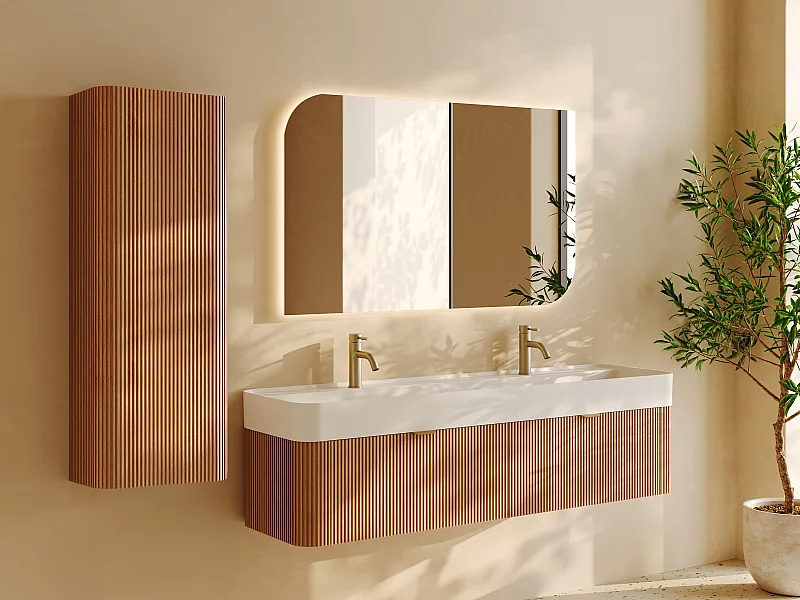 Colonne de salle de bain suspendue en bois massif - Naturel clair - H110 cm - BULMAS