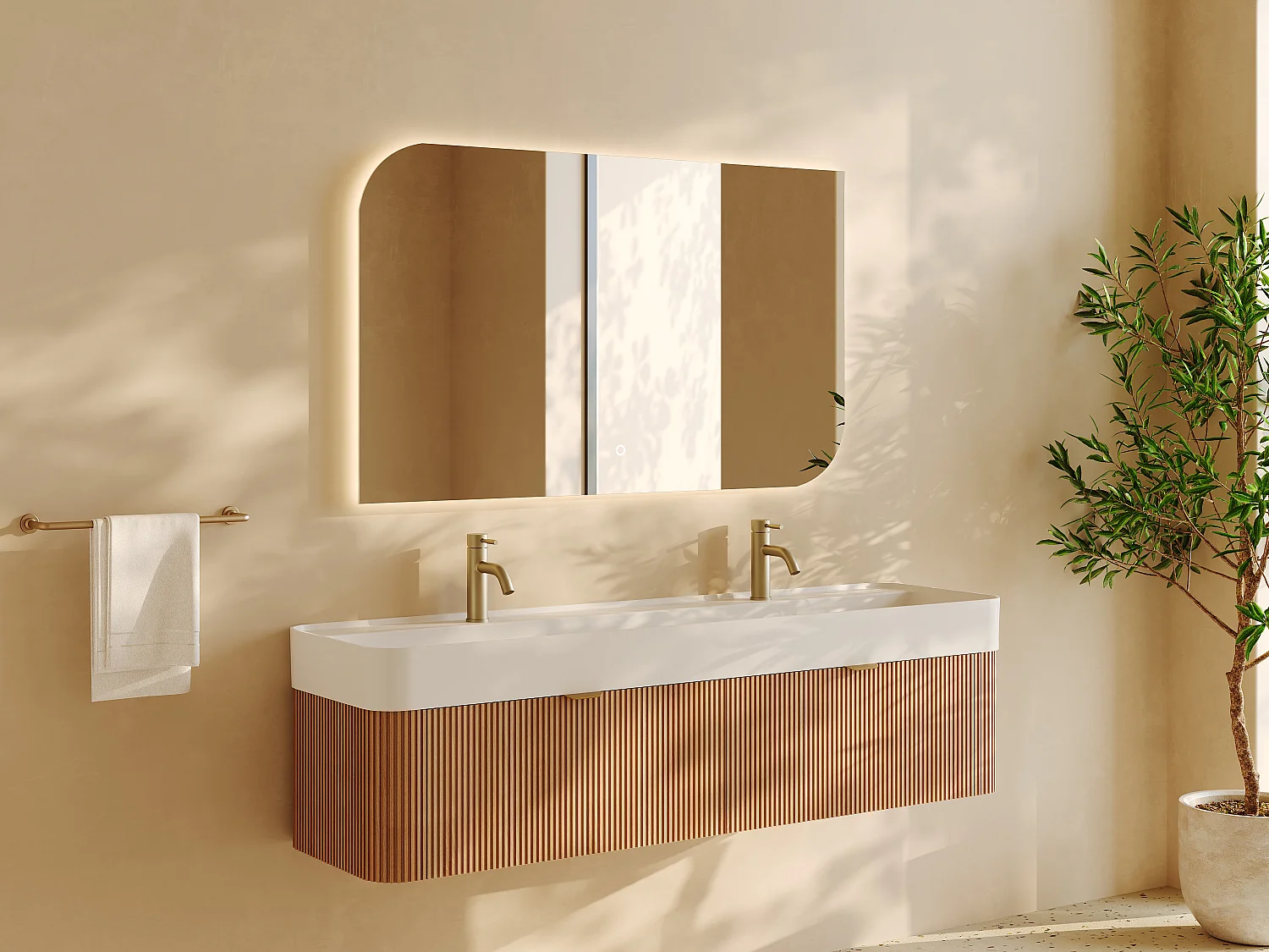 Móvel de casa de banho suspenso em madeira de freixo estriada com  lavatório duplo para encastrar - Natural claro - 150 cm - BULMAS