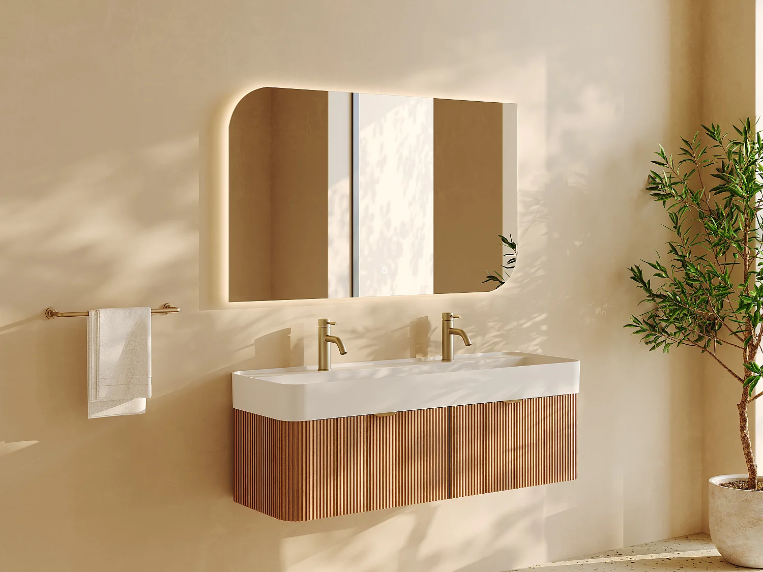 Móvel de casa de banho suspenso estriado em madeira de freixo com lavatório duplo para encastrar em resina branco mate - Natural claro - 120 cm - BULMAS