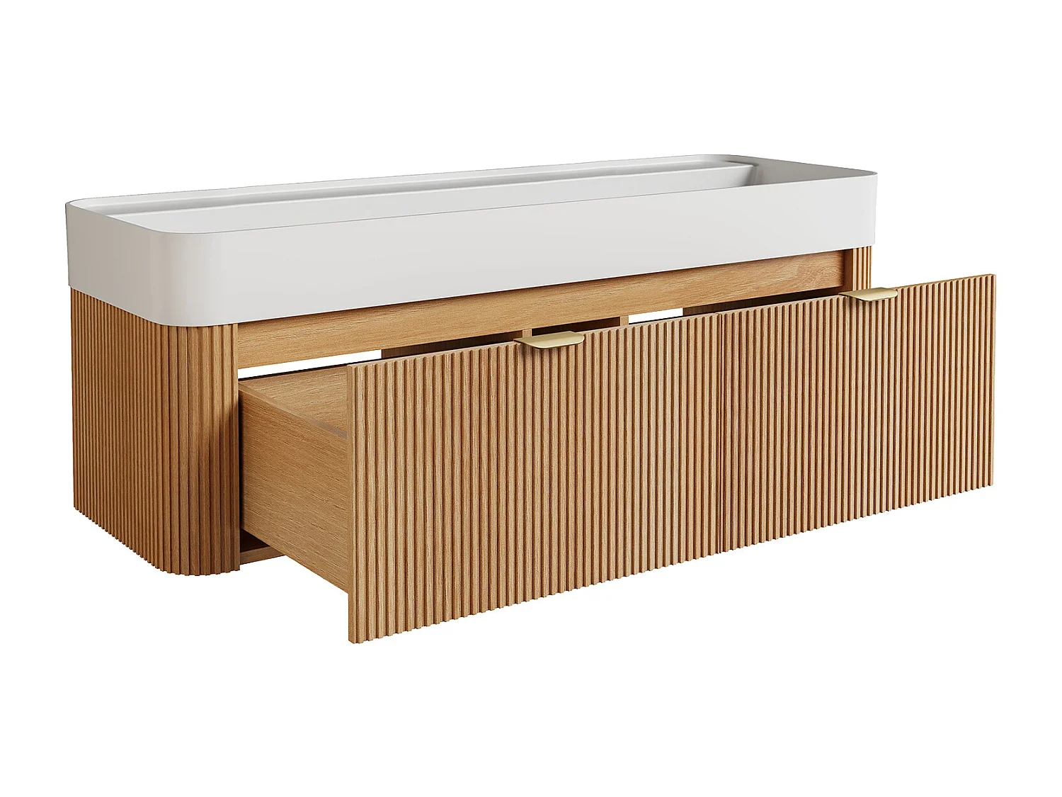 Móvel de casa de banho suspenso estriado em madeira de freixo com lavatório duplo para encastrar em resina branco mate - Natural claro - 120 cm - BULMAS