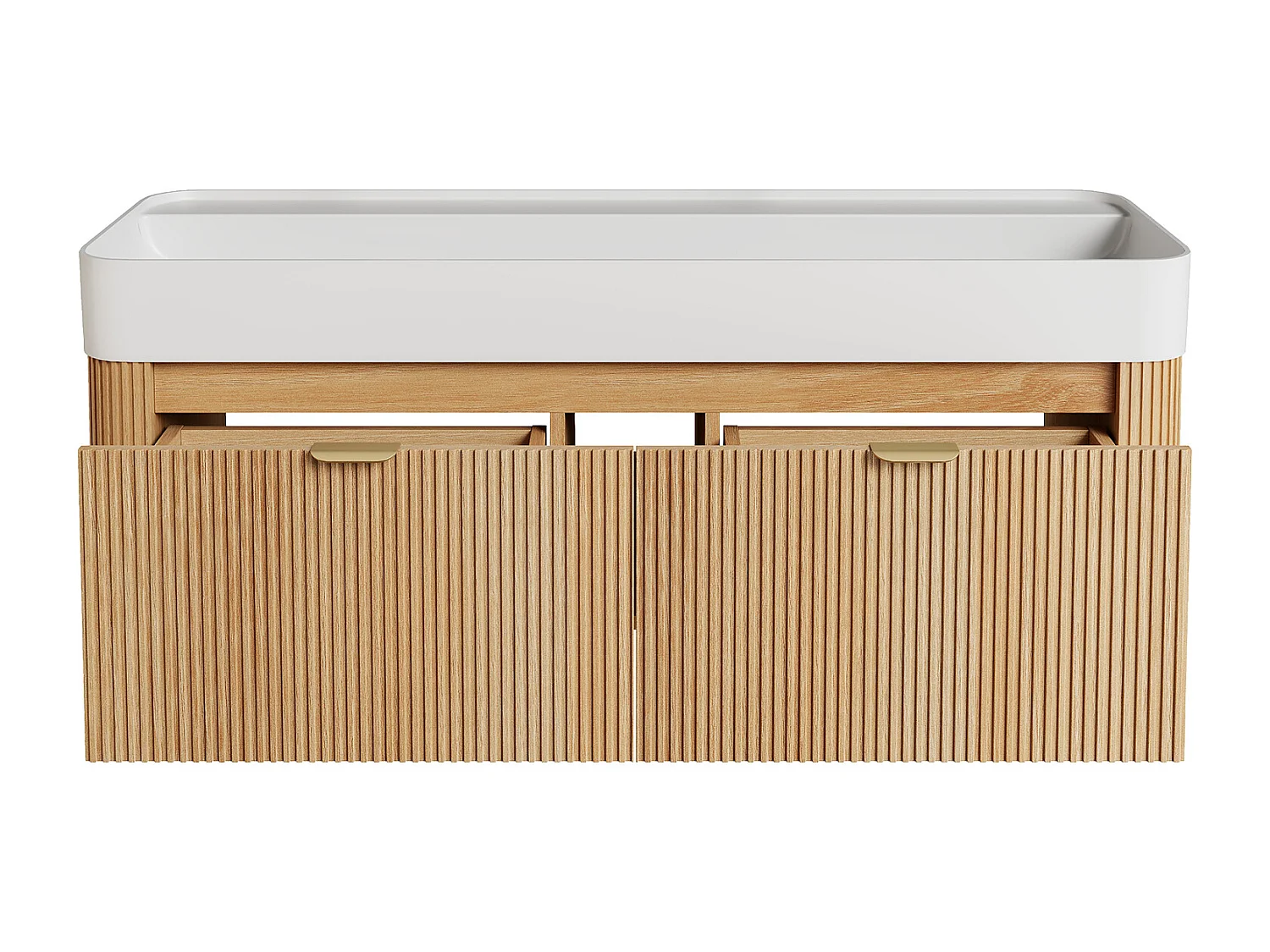 Móvel de casa de banho suspenso estriado em madeira de freixo com lavatório duplo para encastrar em resina branco mate - Natural claro - 120 cm - BULMAS