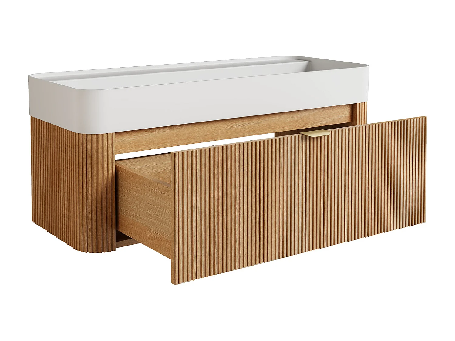 Móvel de casa de banho suspenso em madeira de freixo estriada com  lavatório duplo para encastrar em resina branco mate - Natural claro - 100 cm - BULMAS