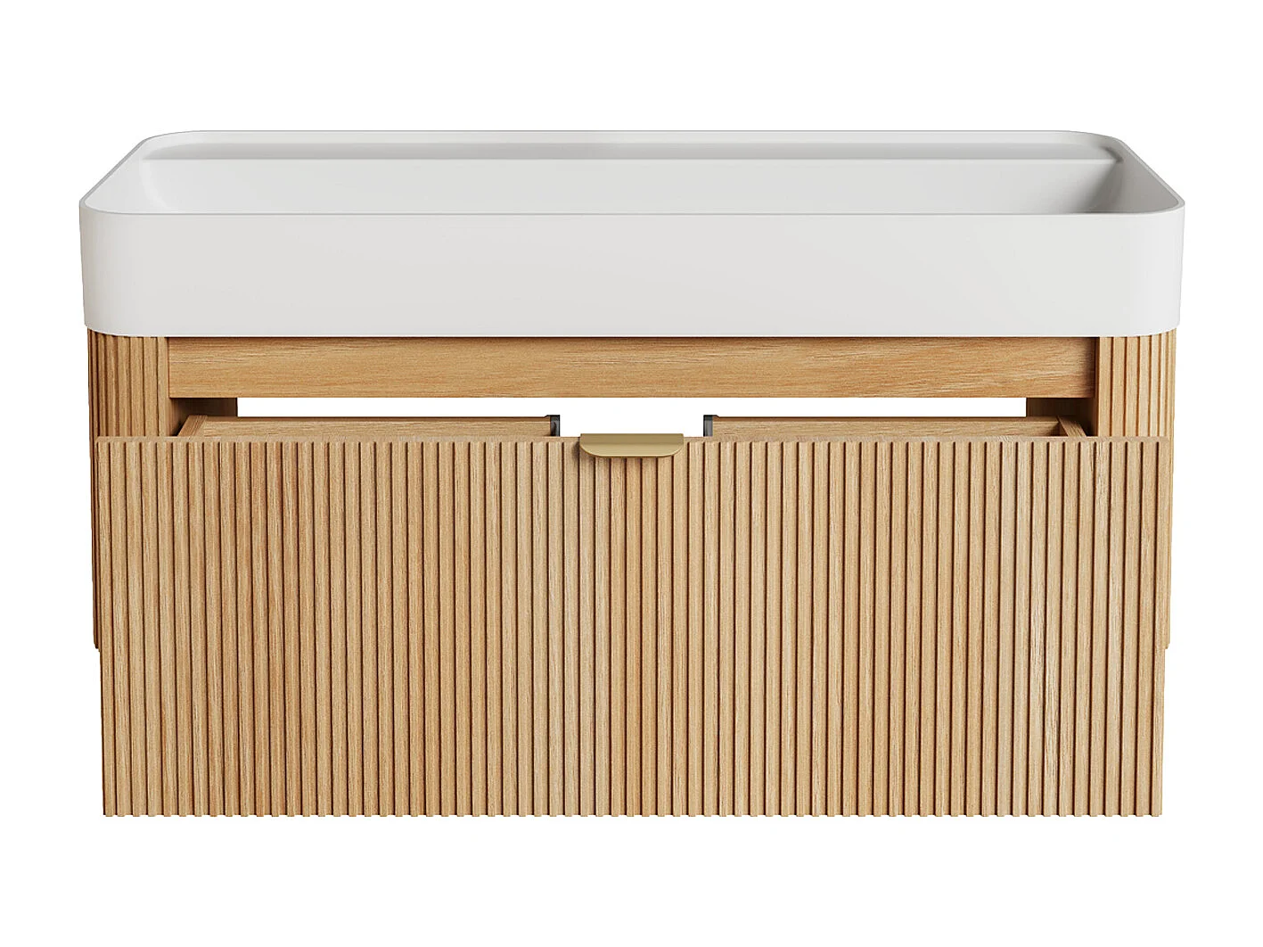 Móvel de casa de banho suspenso em madeira de freixo estriada com  lavatório duplo para encastrar em resina branco mate - Natural claro - 100 cm - BULMAS