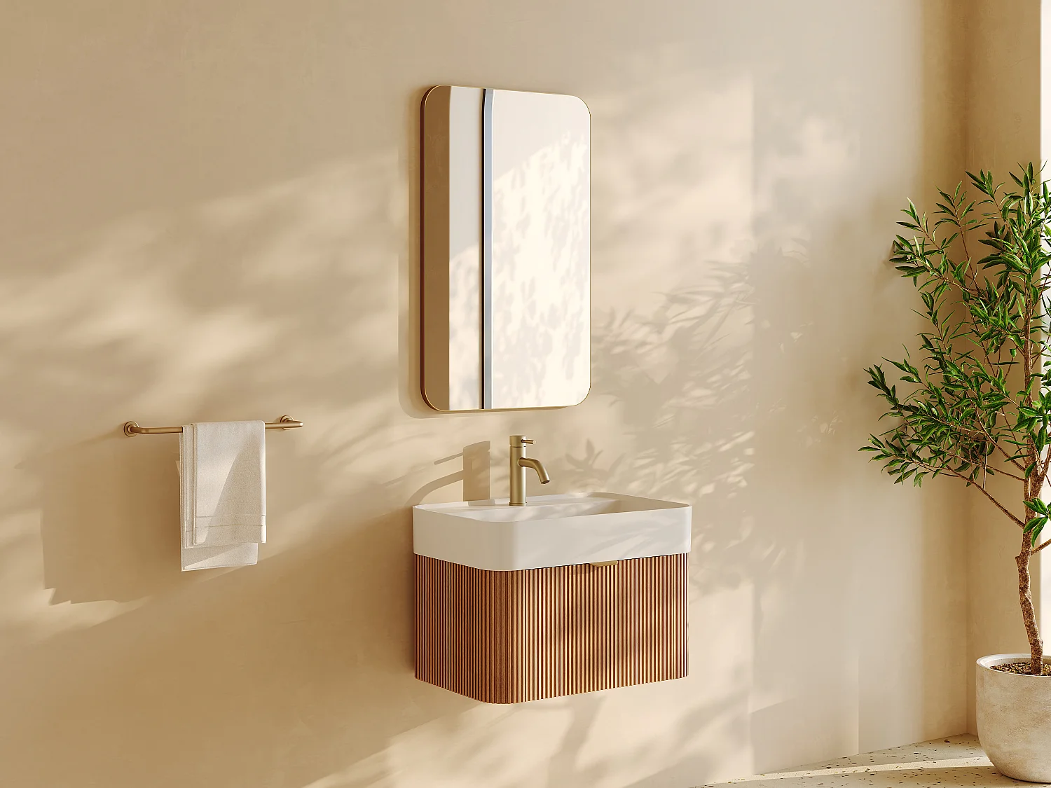 Móvel de casa de banho suspenso estriado em madeira de freixo com  lavatório duplo para encastrar em resina branco mate - Natural claro - 60 cm - BULMAS