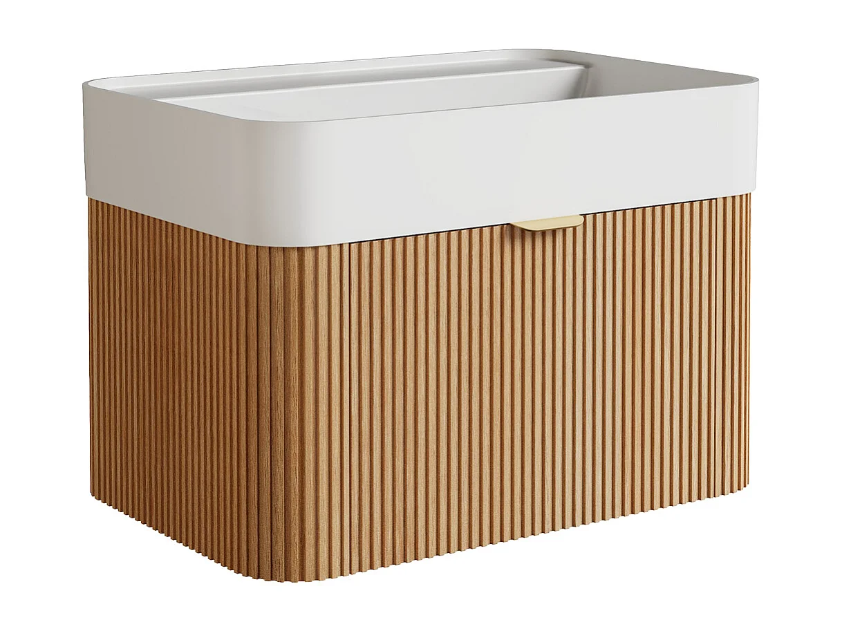 Móvel de casa de banho suspenso estriado em madeira de freixo com  lavatório duplo para encastrar em resina branco mate - Natural claro - 60 cm - BULMAS