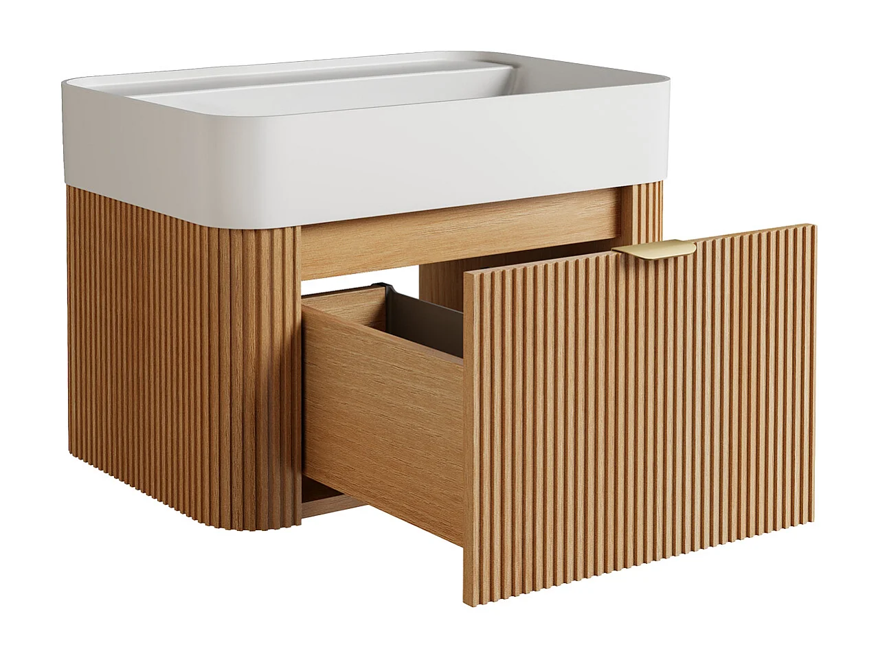 Móvel de casa de banho suspenso estriado em madeira de freixo com  lavatório duplo para encastrar em resina branco mate - Natural claro - 60 cm - BULMAS