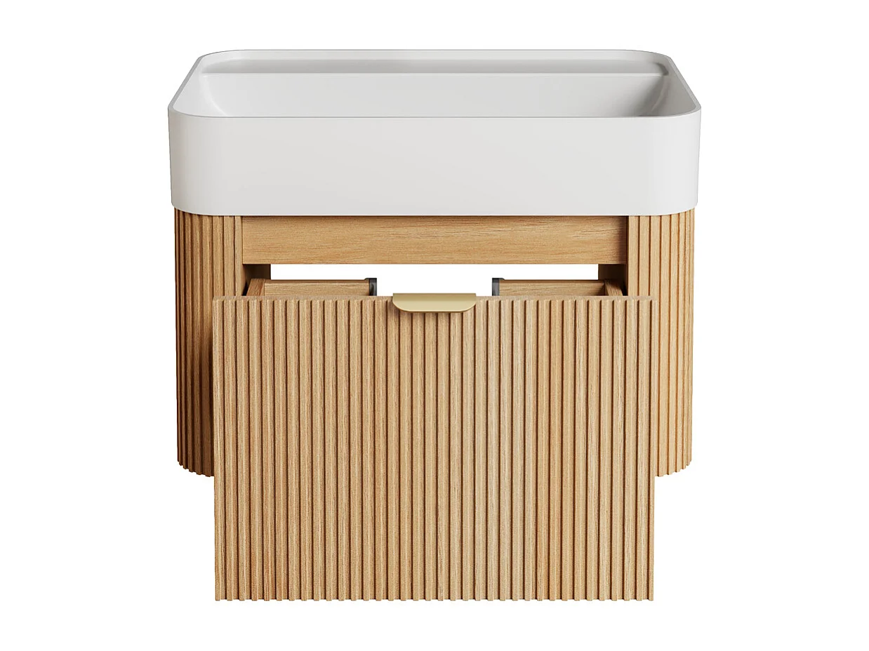 Móvel de casa de banho suspenso estriado em madeira de freixo com  lavatório duplo para encastrar em resina branco mate - Natural claro - 60 cm - BULMAS