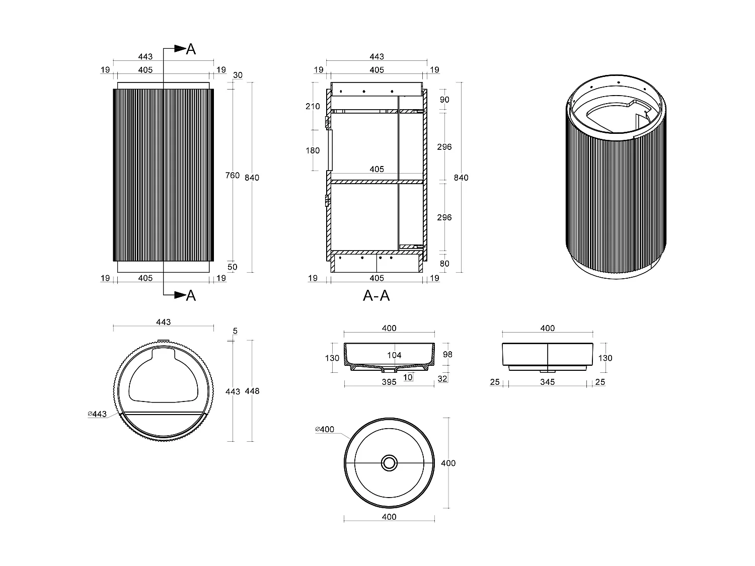 Meuble lave main strié rond à poser en bois de frêne avec vasque en résine blanc mat - Naturel clair - 45 x 45 x 85 cm - NEFIS