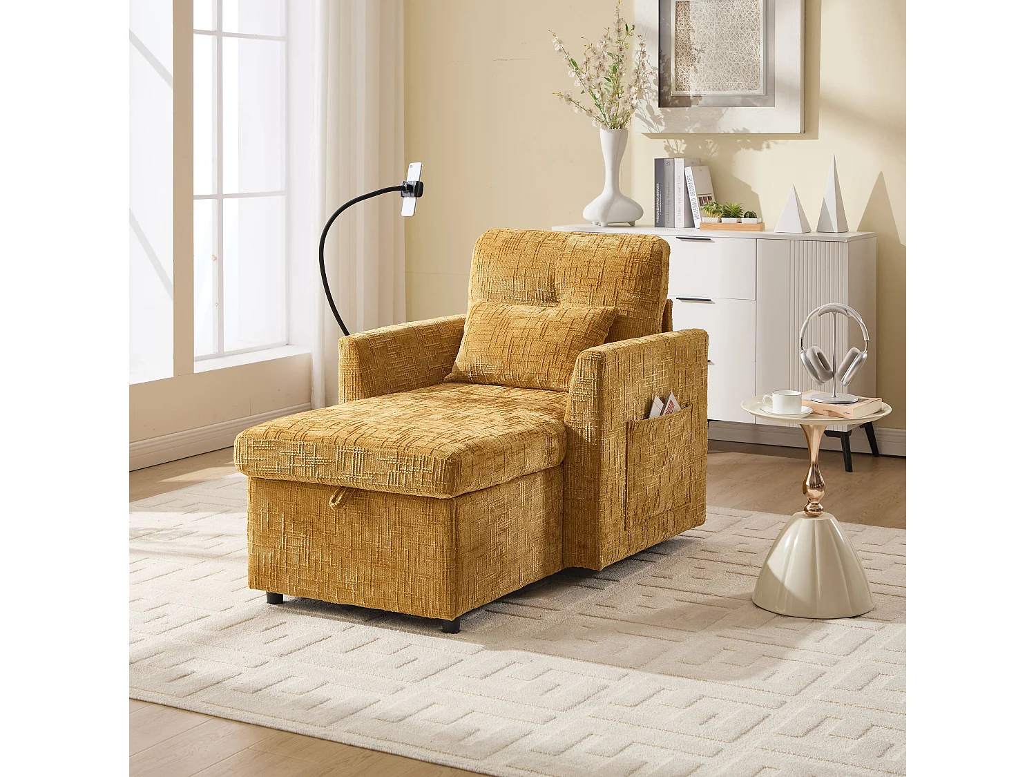 Canapé avec 2 poches latérales et rangement - Tissu chenille - Jaune moutarde