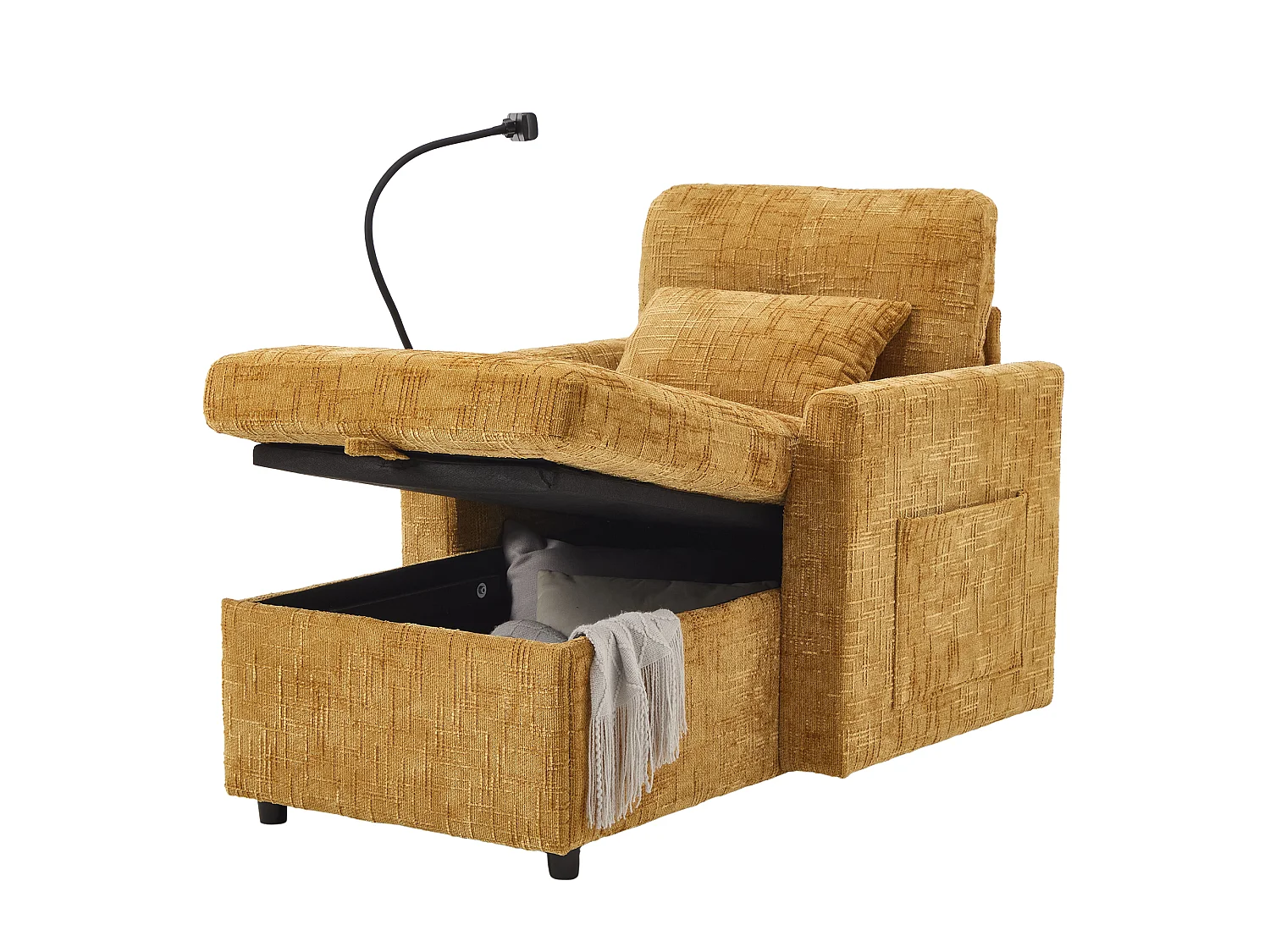 Canapé avec 2 poches latérales et rangement - Tissu chenille - Jaune moutarde