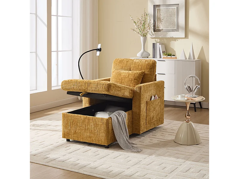 Bank met 2 zijzakken en opbergruimte - Chenille stof - Mosterdgeel