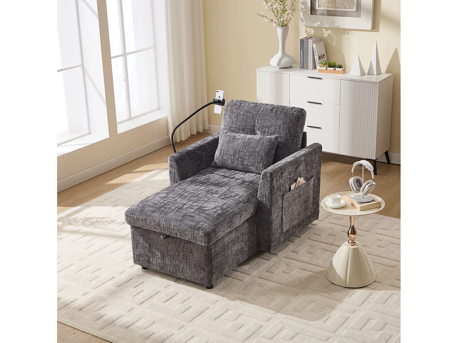 Canapé avec 2 poches latérales et rangement - Tissu chenille - Gris