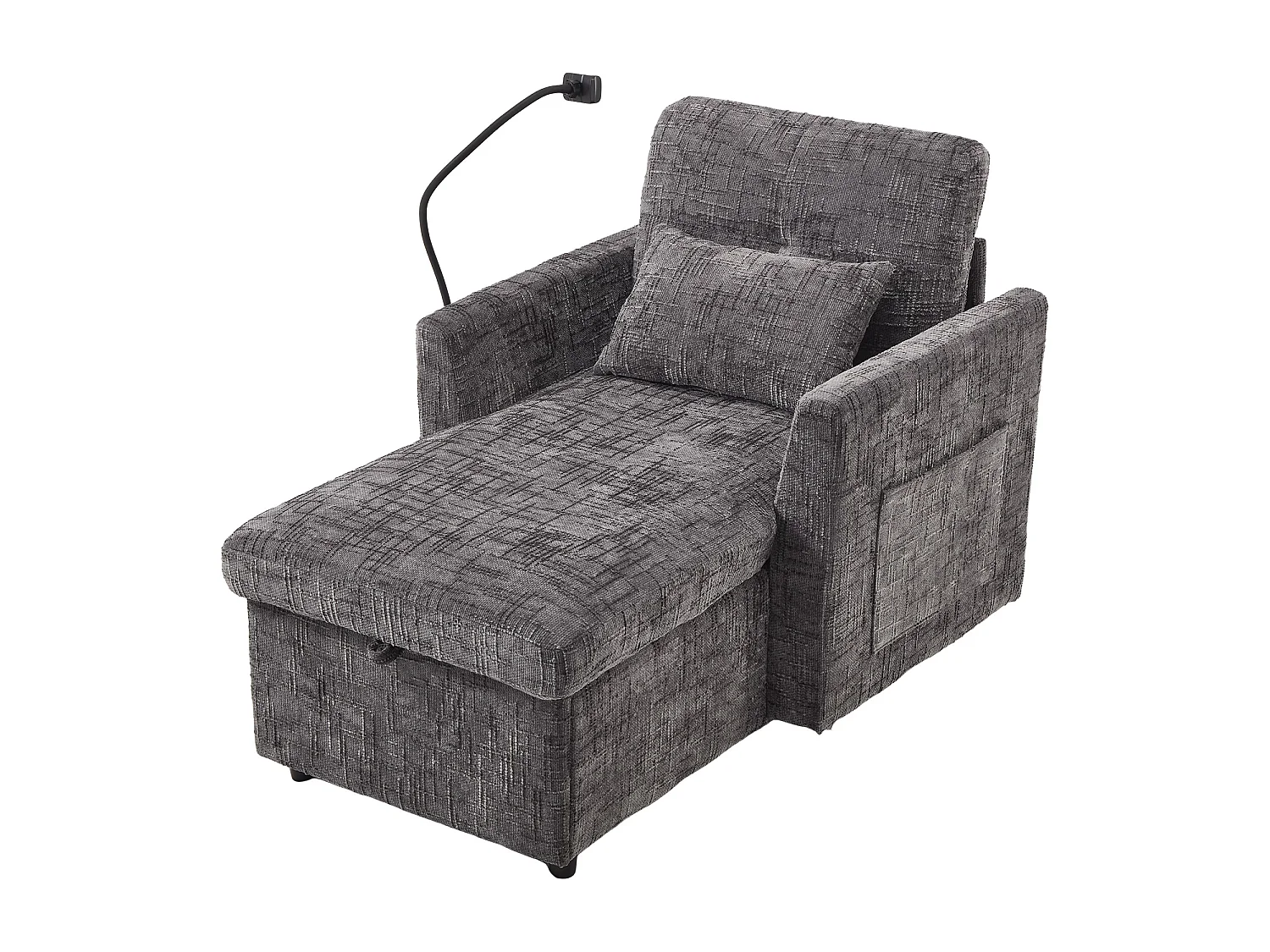 Canapé avec 2 poches latérales et rangement - Tissu chenille - Gris