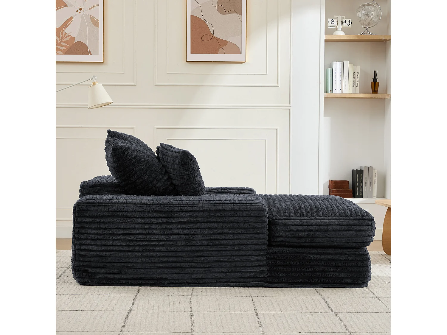 Canapé lit chaise longue avec 4 coussins - Velours côtelé gris