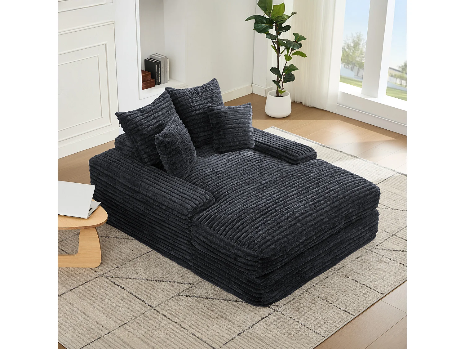 Canapé lit chaise longue avec 4 coussins - Velours côtelé gris