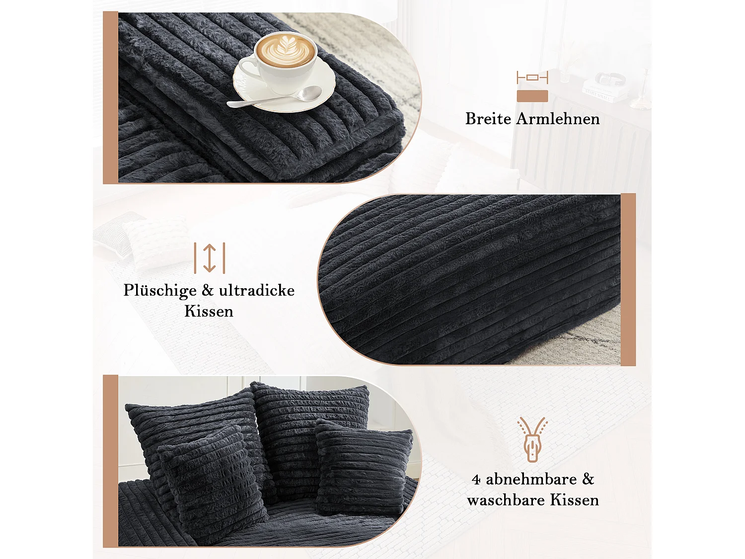 Canapé lit chaise longue avec 4 coussins - Velours côtelé gris