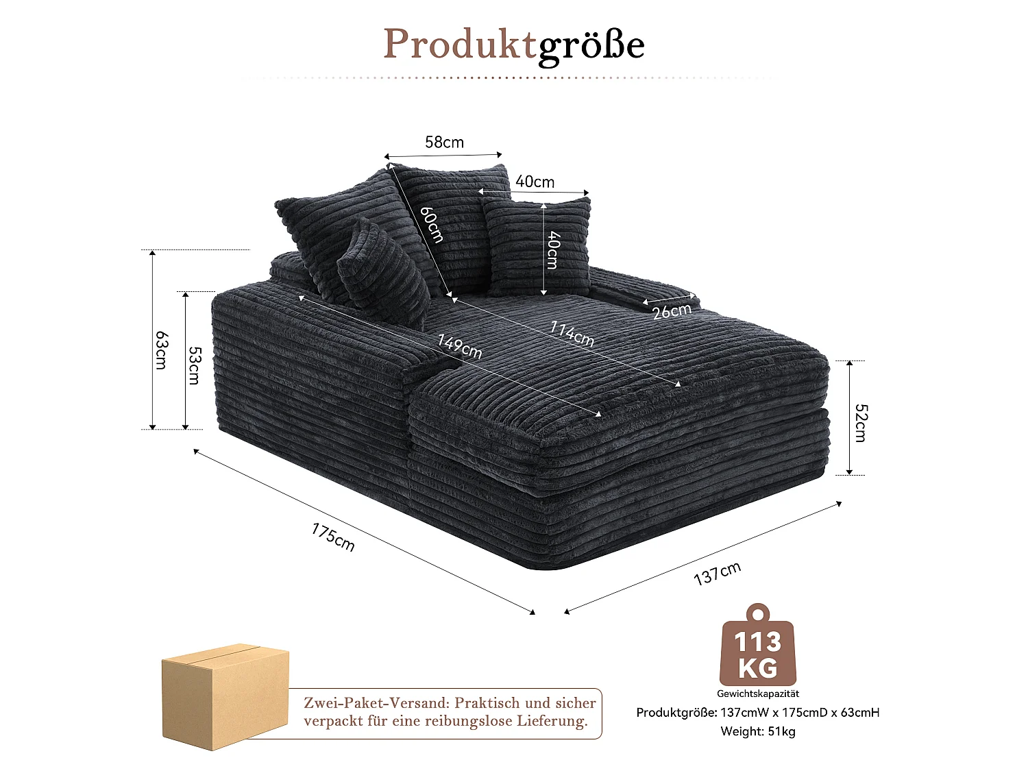 Canapé lit chaise longue avec 4 coussins - Velours côtelé gris