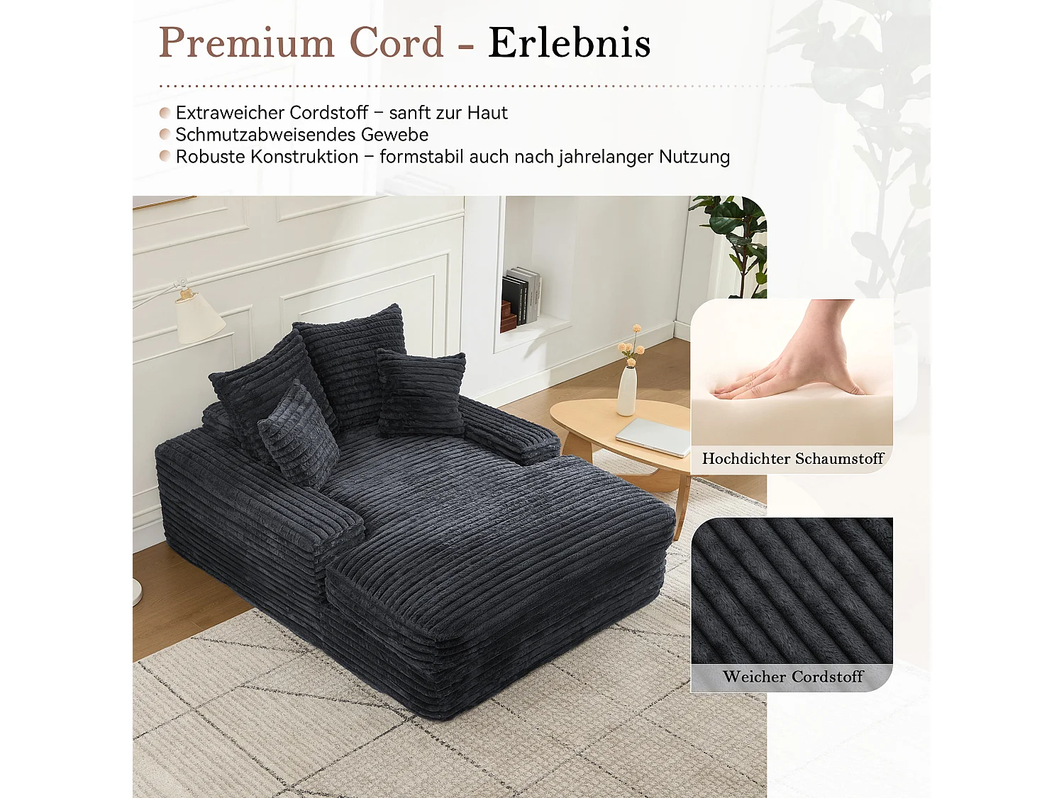 Canapé lit chaise longue avec 4 coussins - Velours côtelé gris