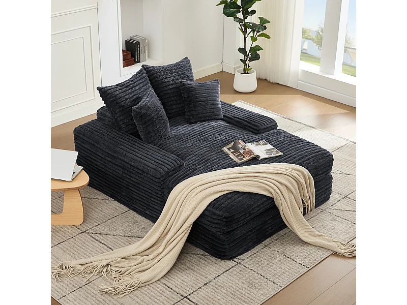 Canapé lit chaise longue avec 4 coussins - Velours côtelé gris