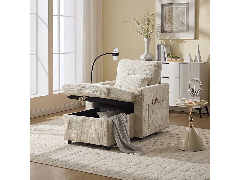 Canapé avec 2 poches latérales et rangement - Tissu chenille - Beige