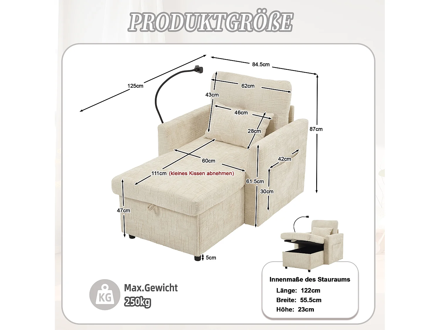 Bank met 2 zijzakken en opbergruimte - Chenille stof - Beige