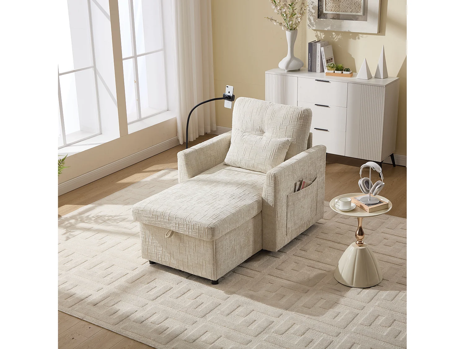 Canapé avec 2 poches latérales et rangement - Tissu chenille - Beige