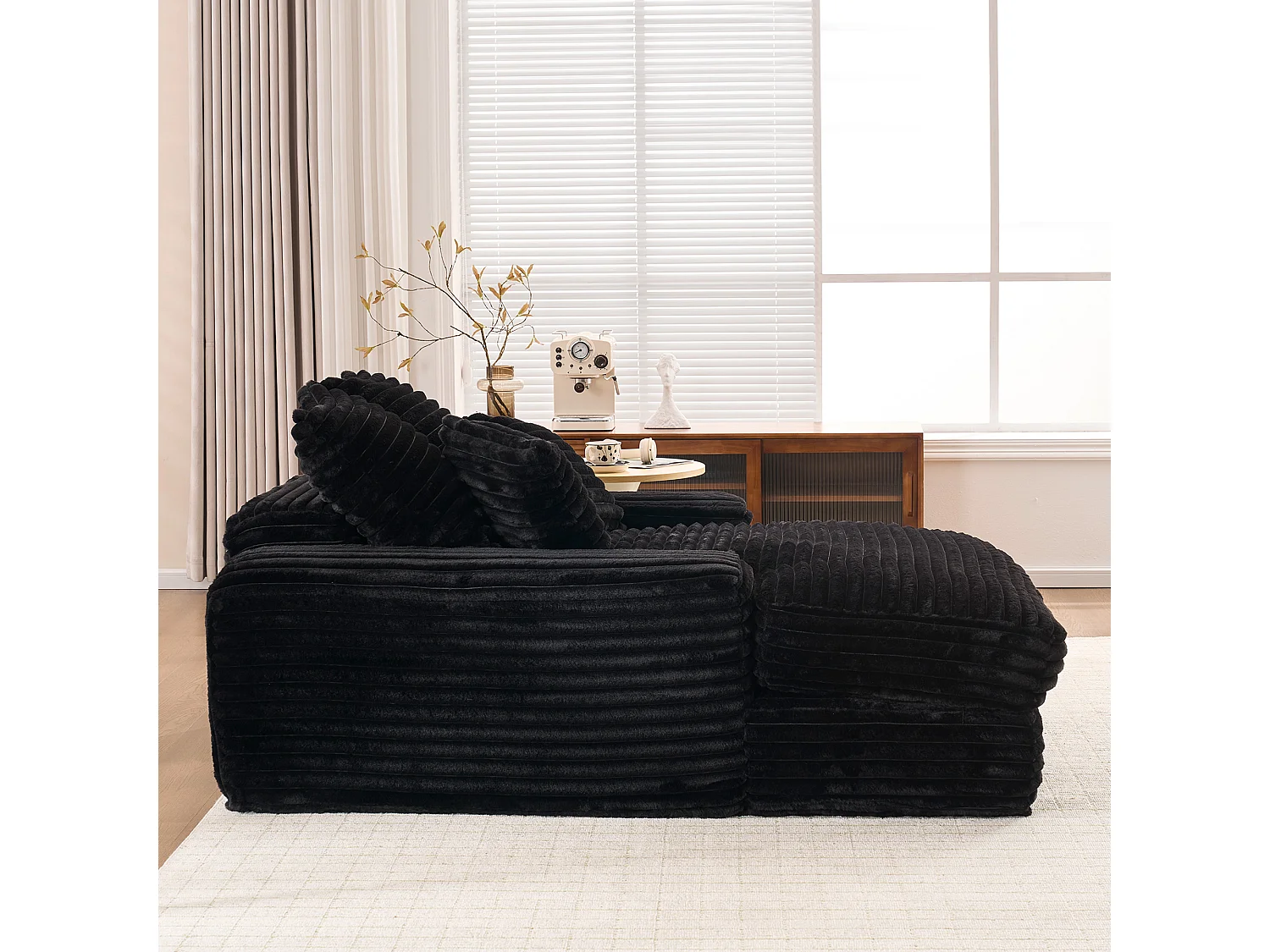 Canapé lit chaise longue avec 4 coussins - Velours côtelé noir