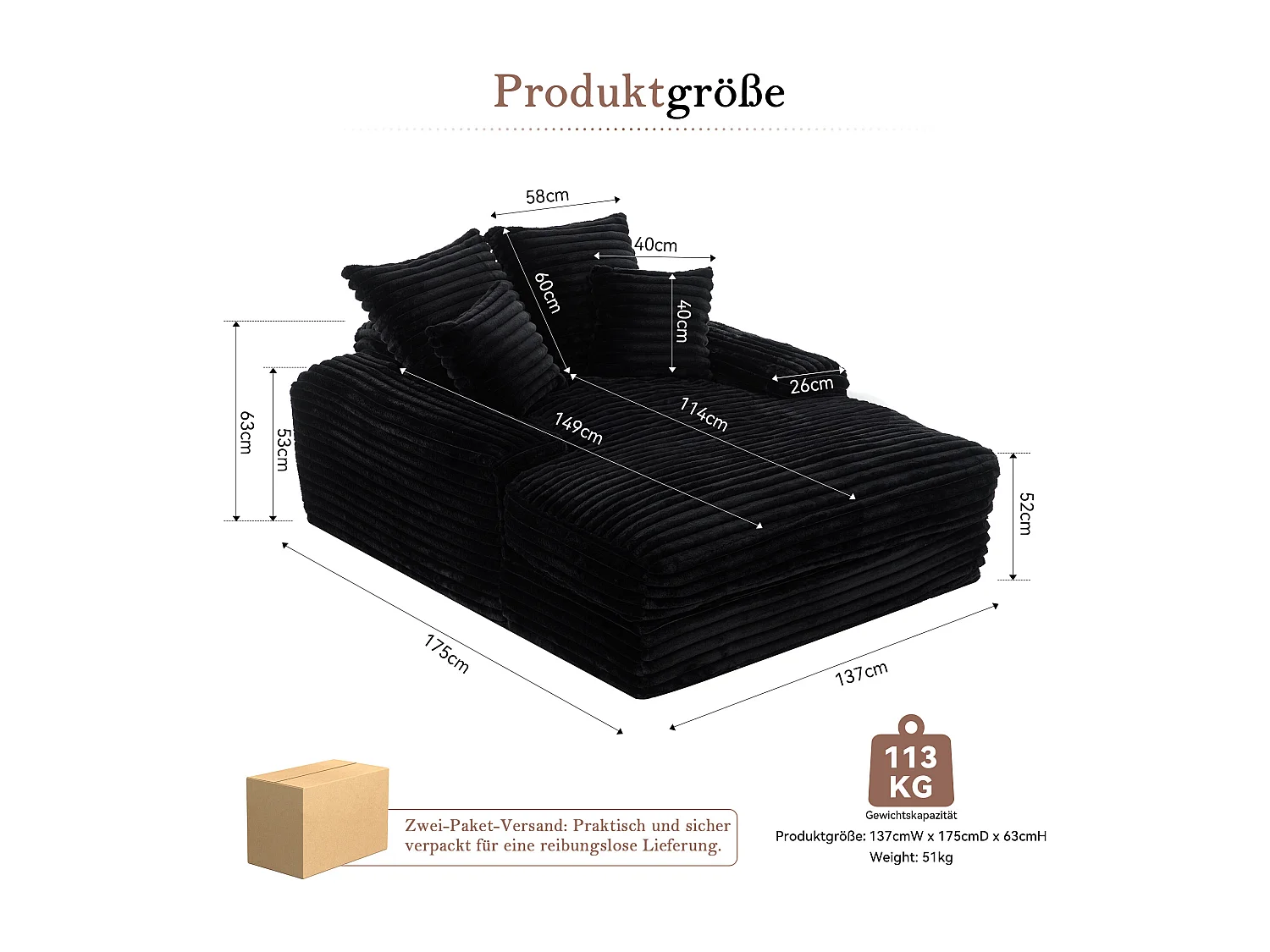 Canapé lit chaise longue avec 4 coussins - Velours côtelé noir