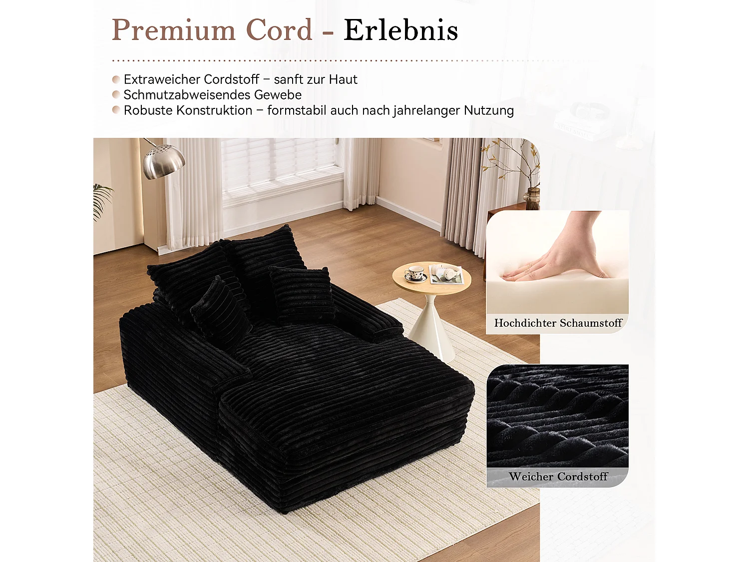 Canapé lit chaise longue avec 4 coussins - Velours côtelé noir