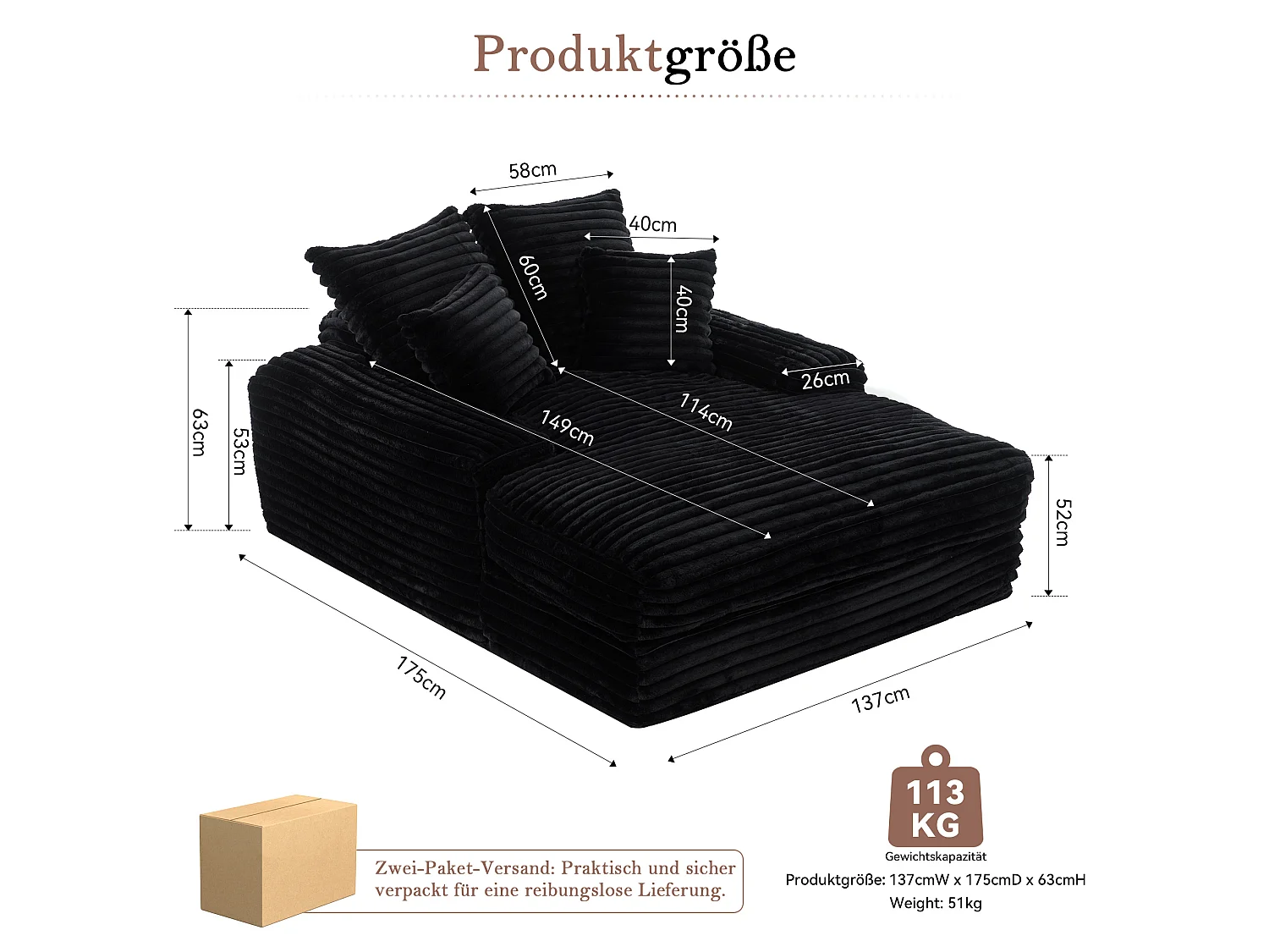 Canapé lit chaise longue avec 4 coussins - Velours côtelé noir