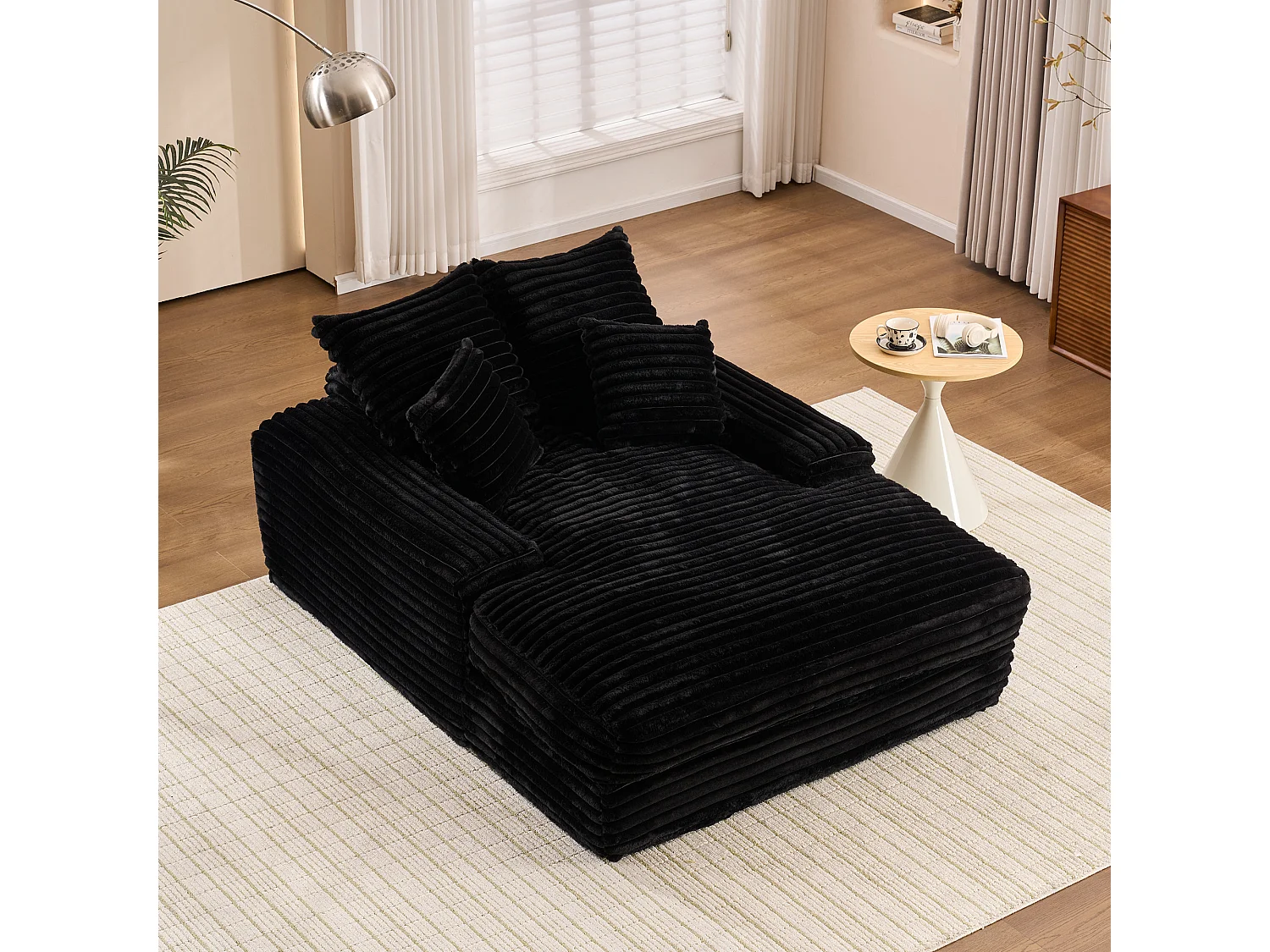 Canapé lit chaise longue avec 4 coussins - Velours côtelé noir