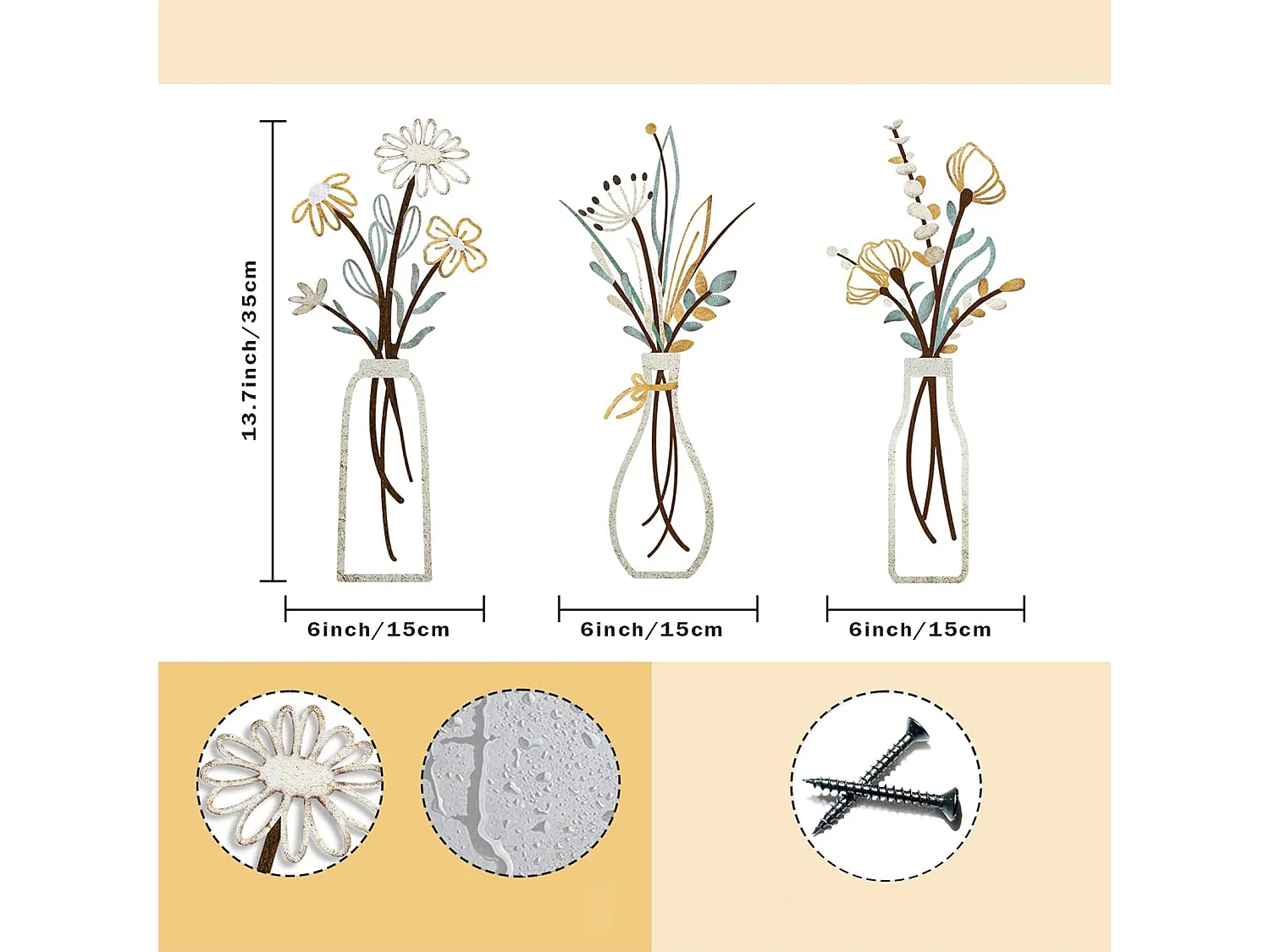 Set van 3 metalen vazen ​​- bloemenwanddecoratie