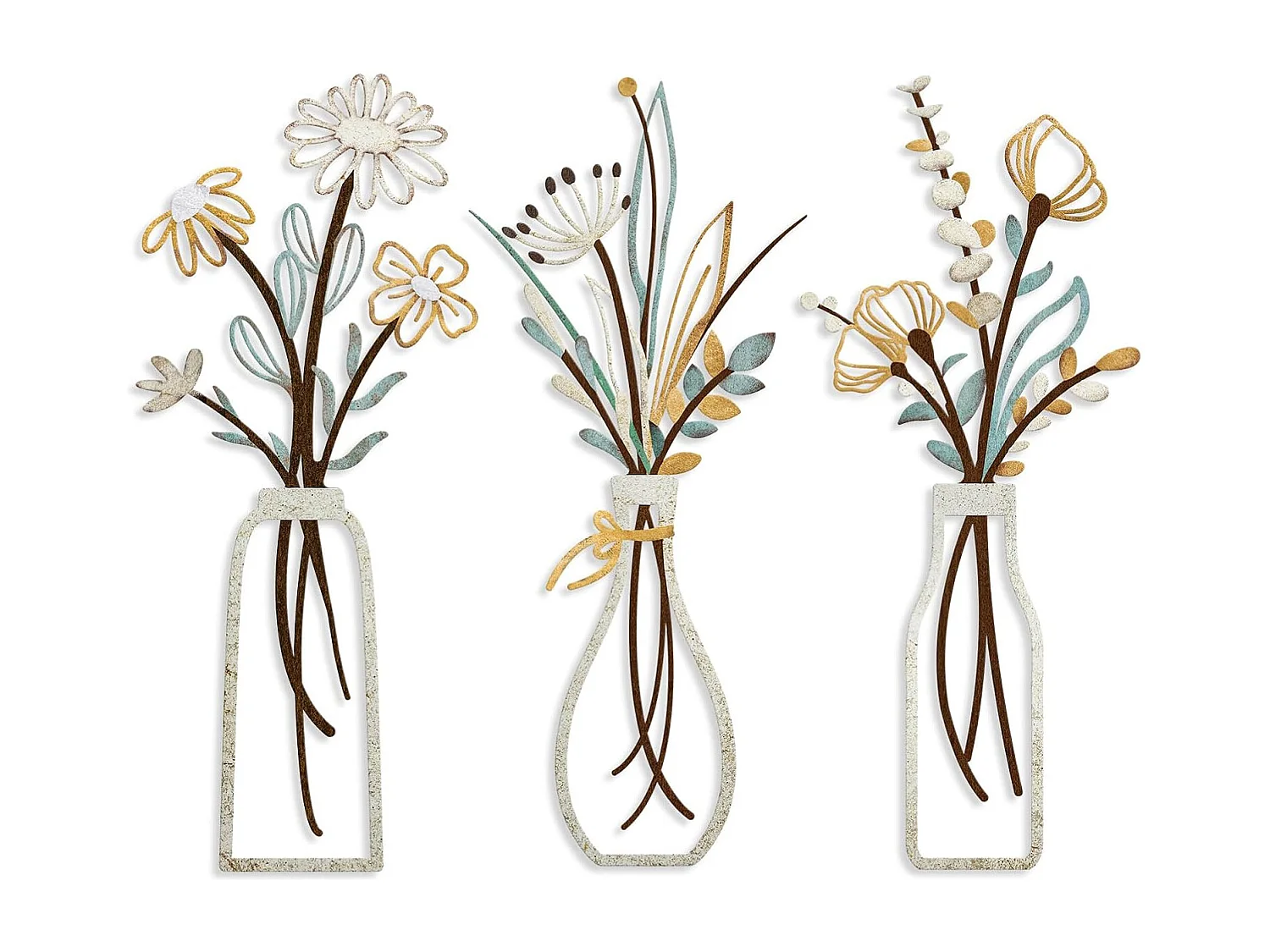 Ensemble de 3 vases en métal - décoration murale florale