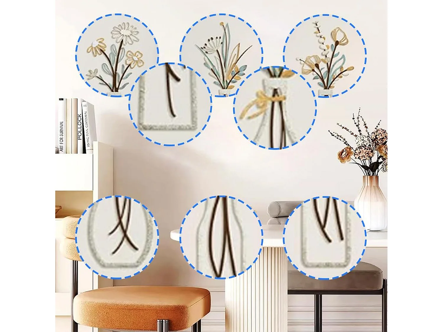 Ensemble de 3 vases en métal - décoration murale florale