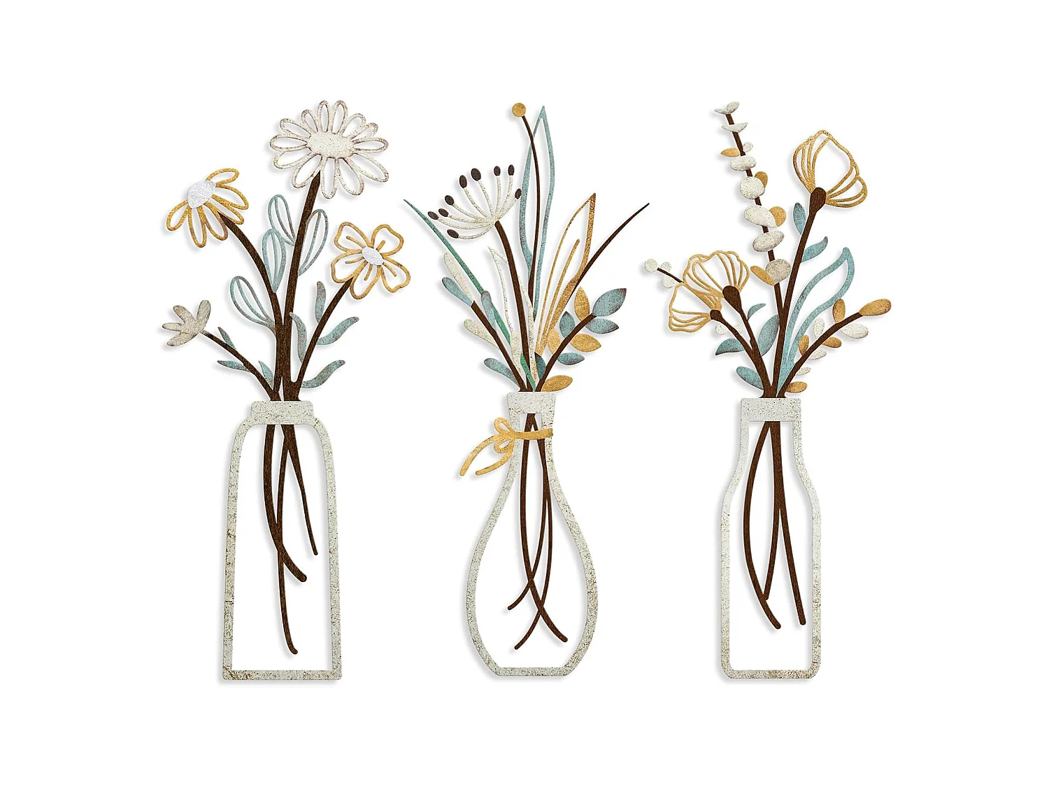 Ensemble de 3 vases en métal - décoration murale florale