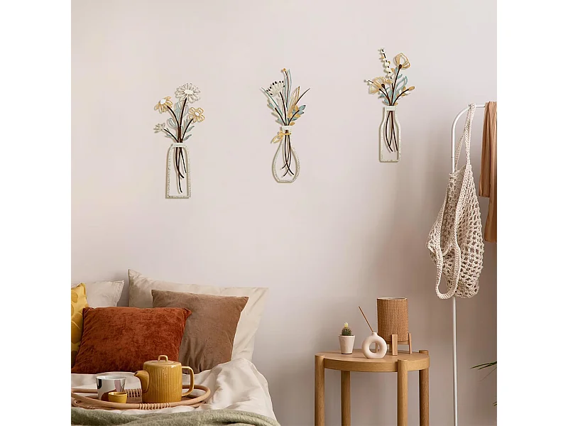 Ensemble de 3 vases en métal - décoration murale florale