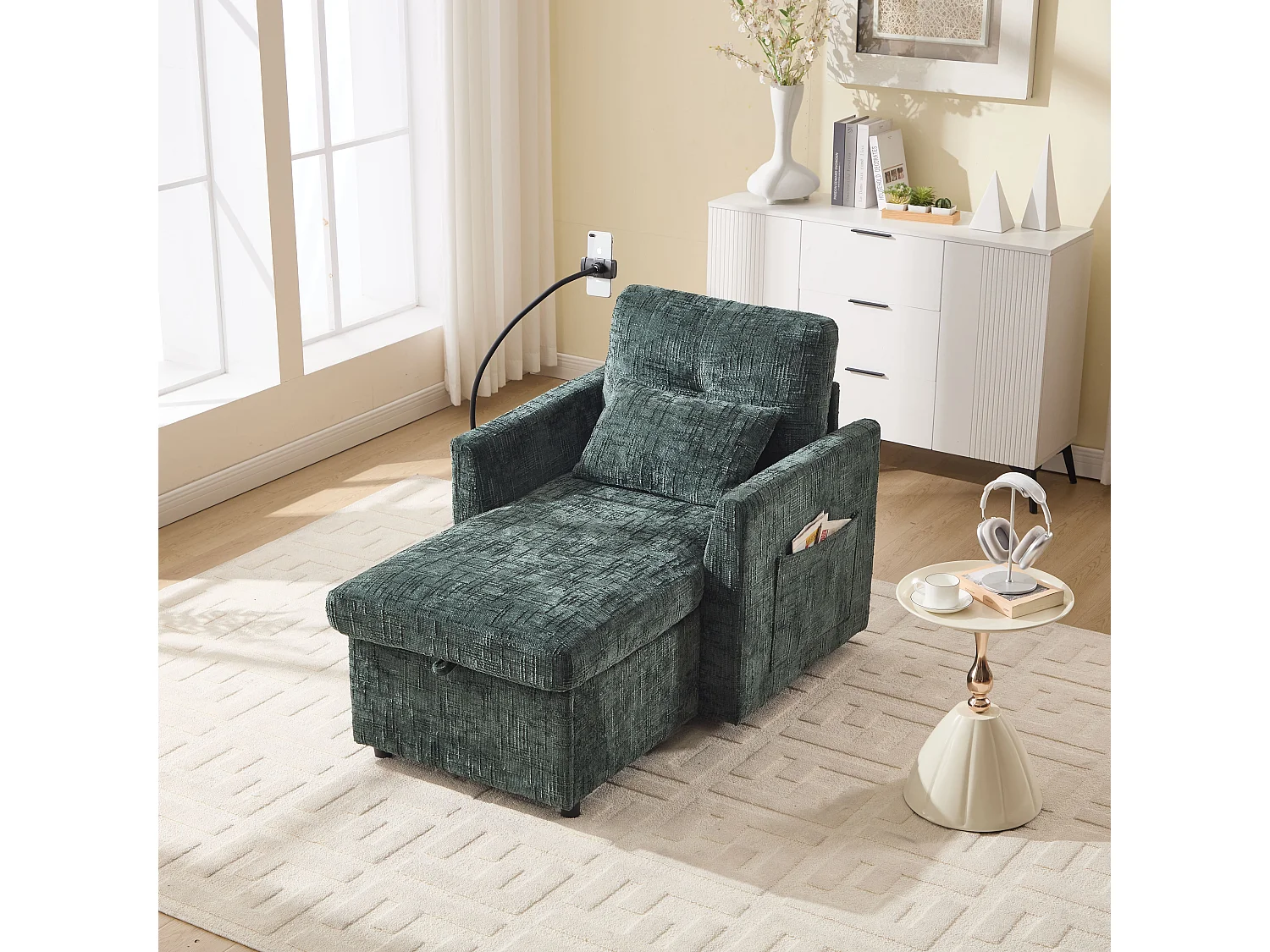 Canapé avec 2 poches latérales et rangement - Tissu chenille - Vert émeraude