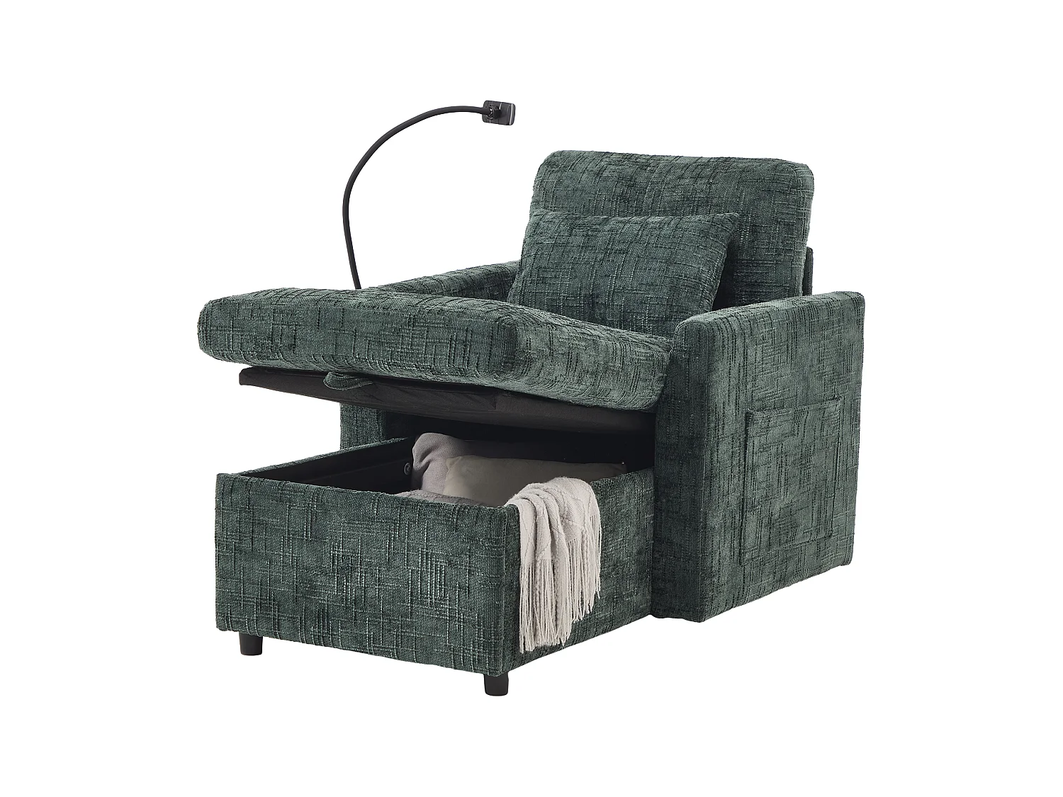Canapé avec 2 poches latérales et rangement - Tissu chenille - Vert émeraude