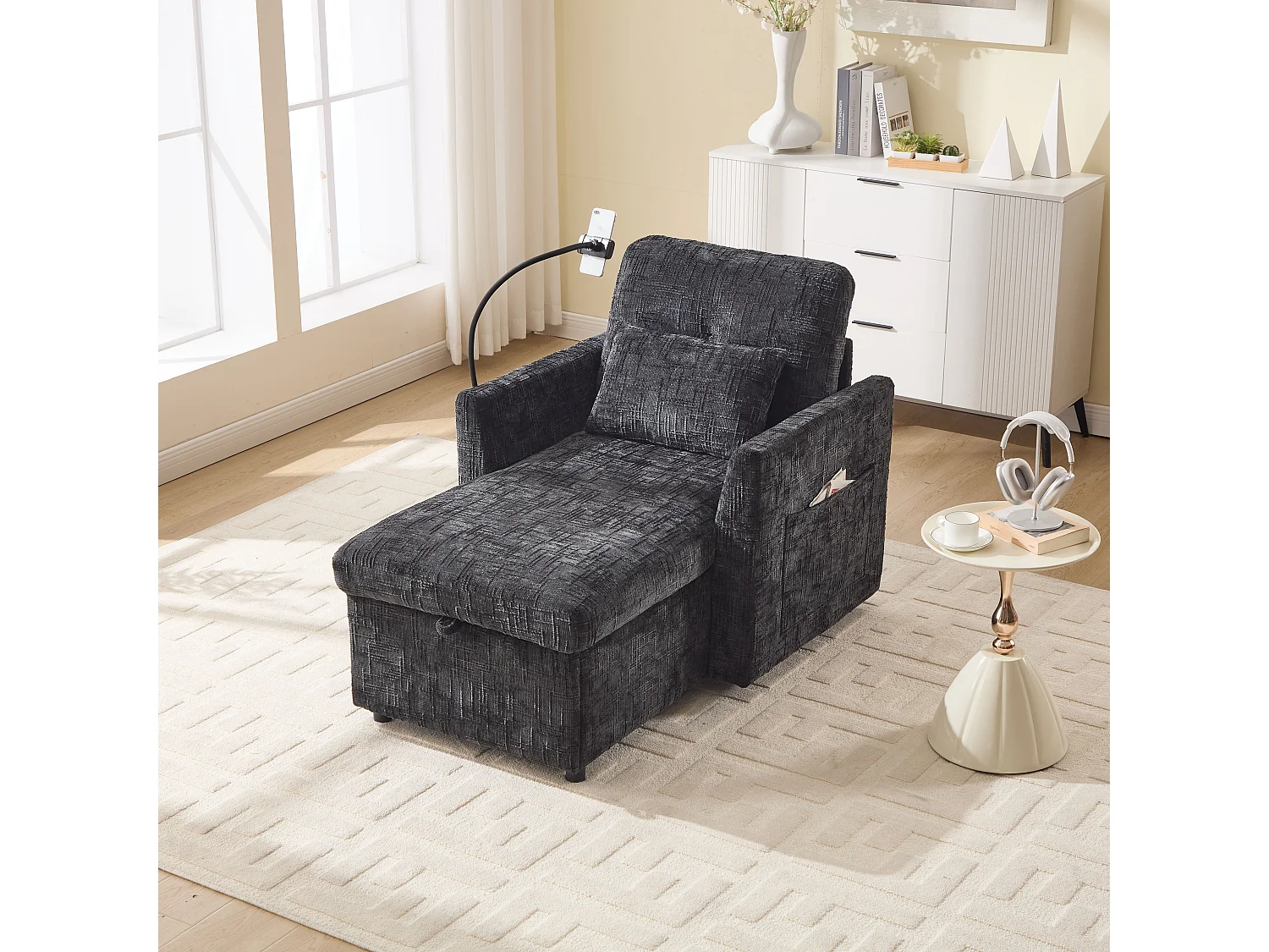 Canapé avec 2 poches latérales et rangement - Tissu chenille - Noir