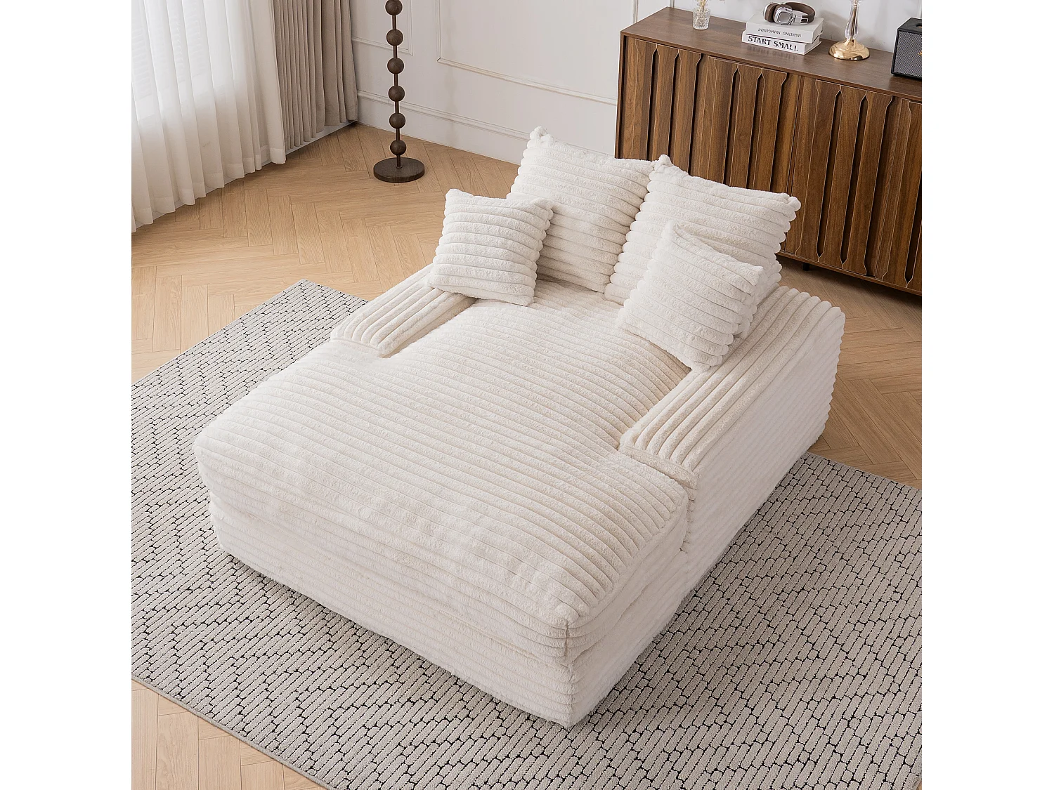 Canapé lit chaise longue avec 4 coussins - Velours côtelé beige