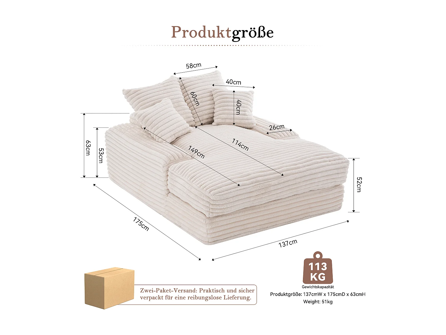 Canapé lit chaise longue avec 4 coussins - Velours côtelé beige