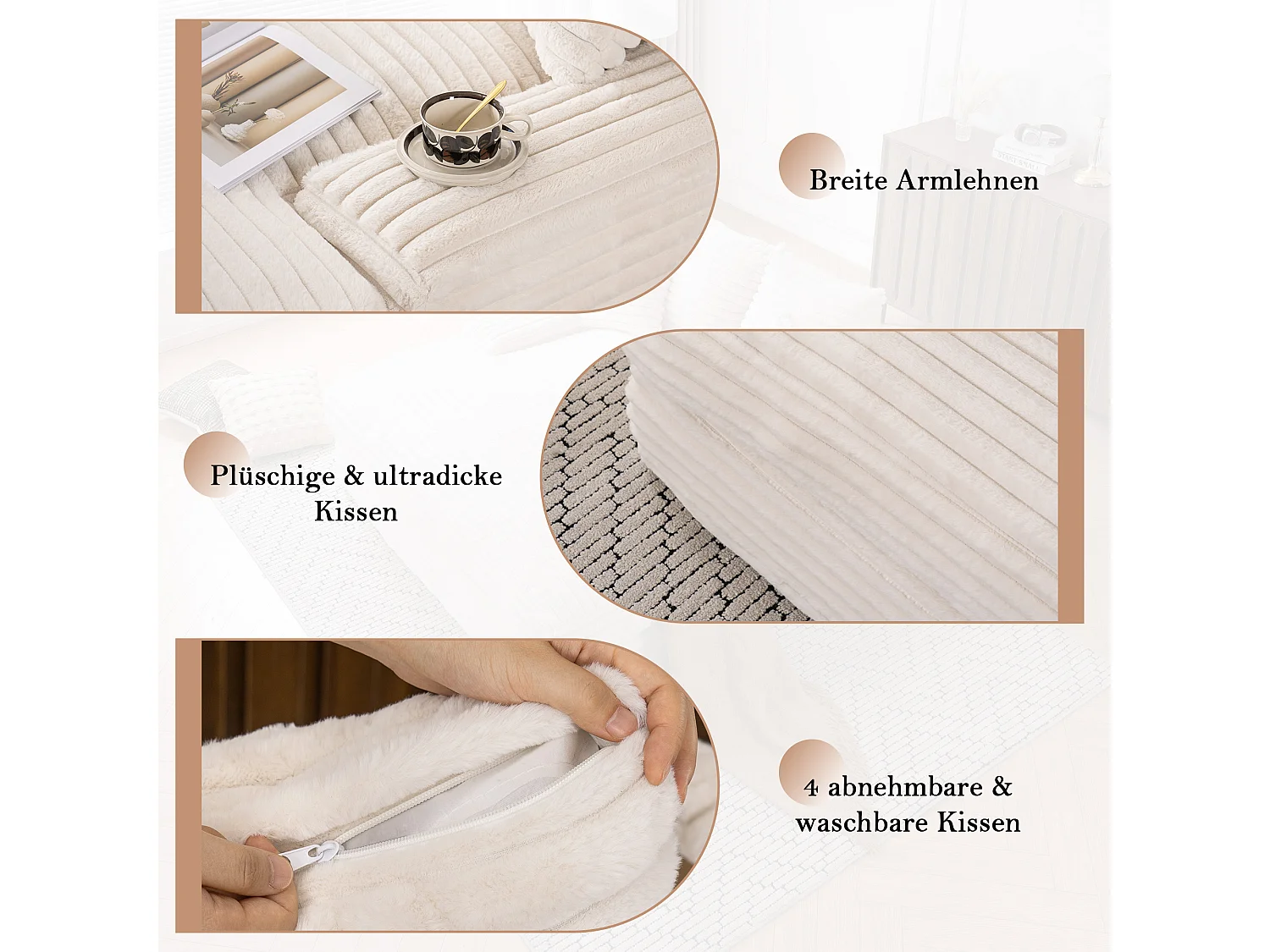 Canapé lit chaise longue avec 4 coussins - Velours côtelé beige