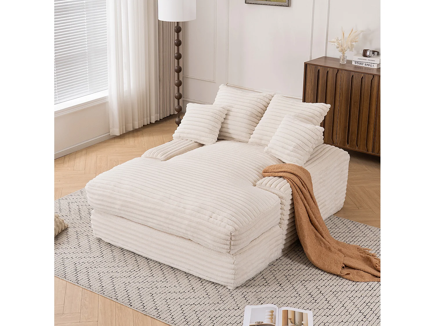 Canapé lit chaise longue avec 4 coussins - Velours côtelé beige