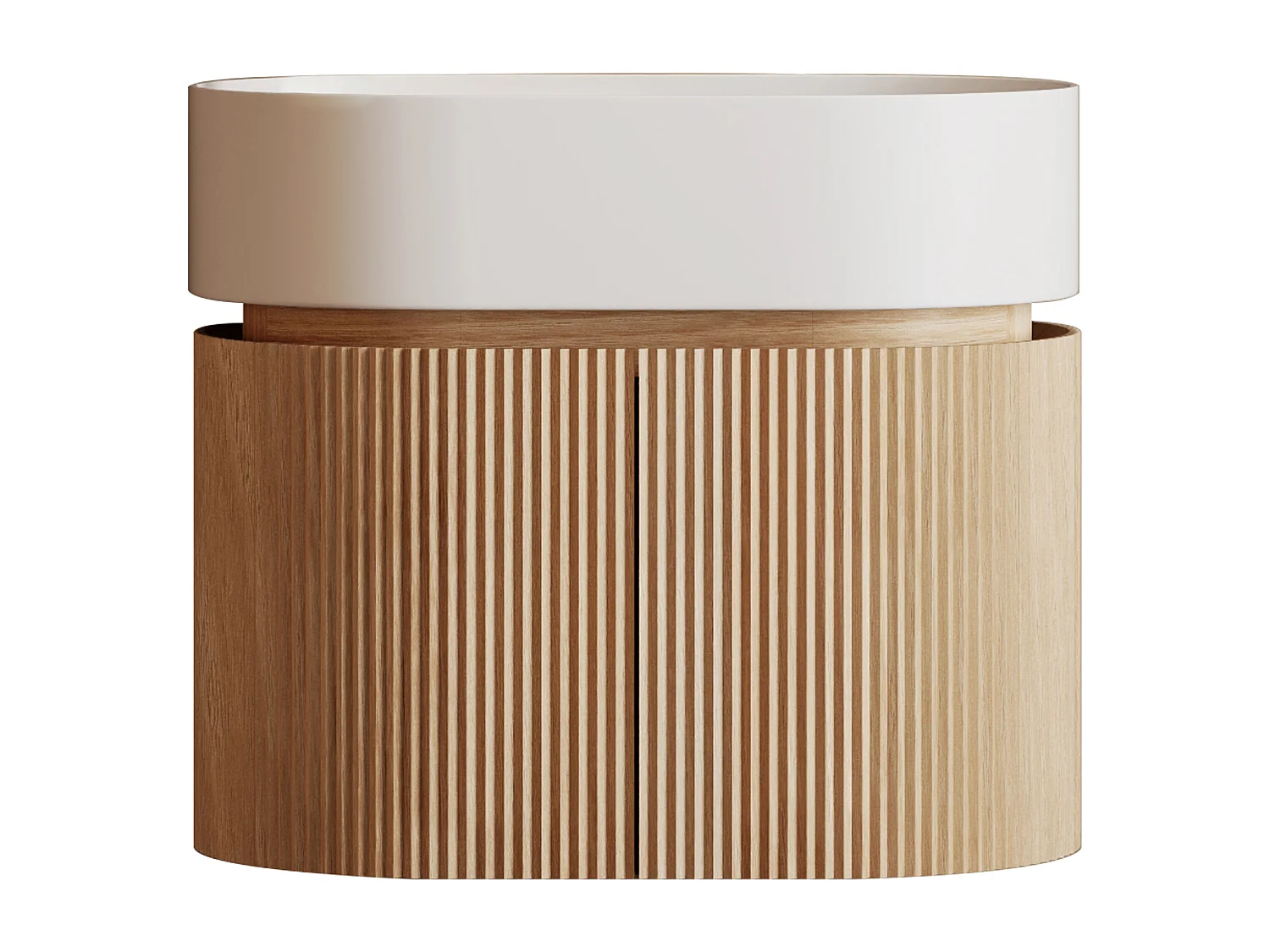 Meuble de salle de bain strié suspendu en bois de frêne avec vasque en résine blanc mat - Naturel clair - 60 x 51 x 37 cm - PROTEA