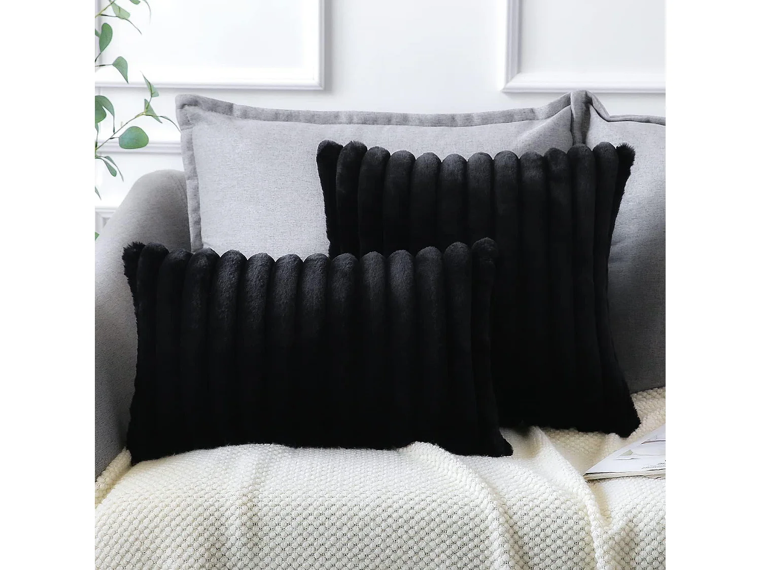 Lot de 2 taie d'oreiller en velours 45 x 45 cm - Noir