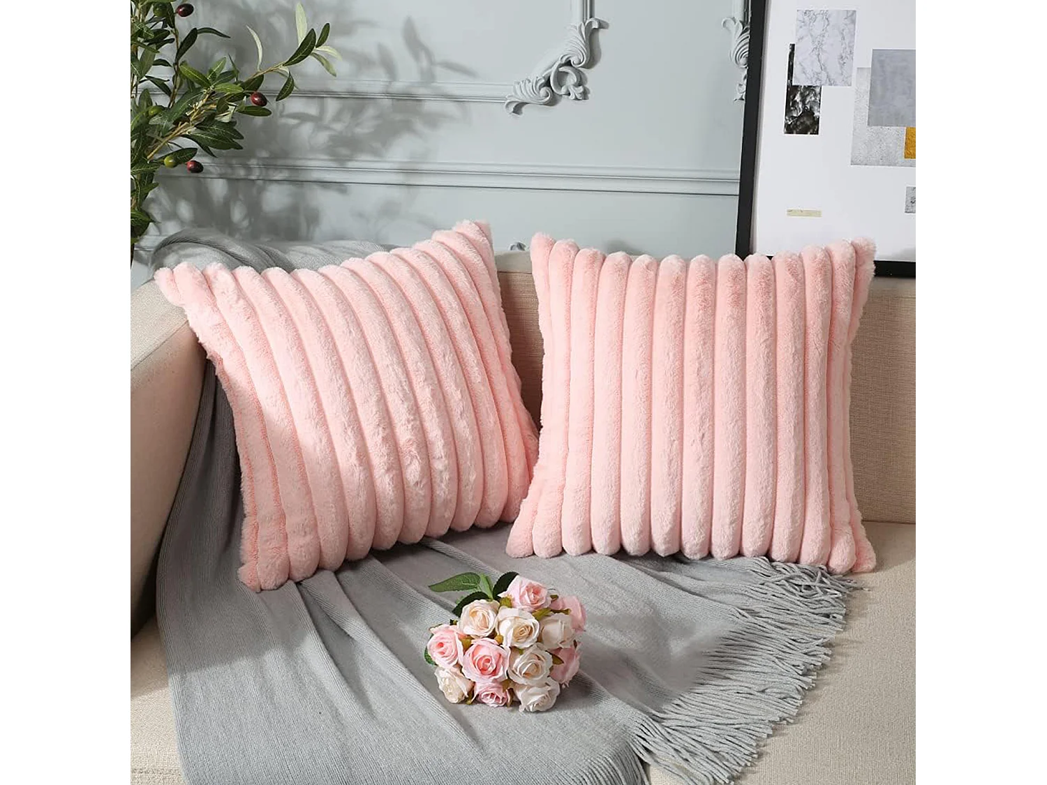 Lot de 2 taie d'oreiller en velours 45 x 45 cm - Rose