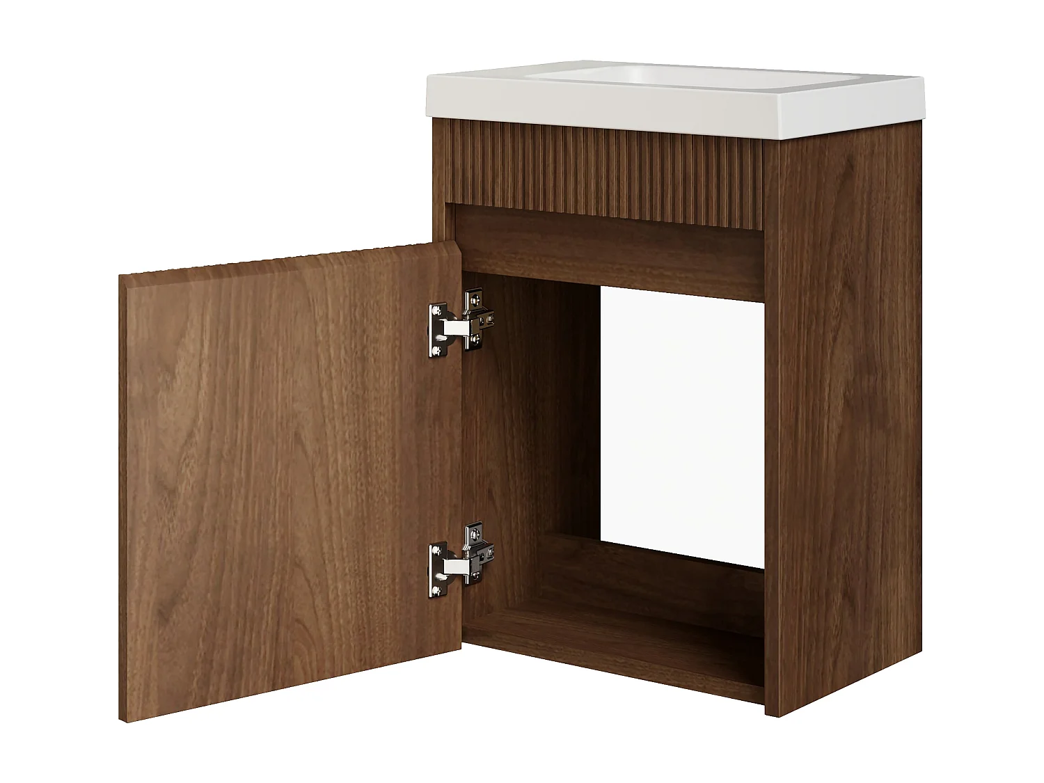 Mobile lavabo sospeso scanalato in legno di frassino con lavabo in resina bianco opaco Naturale scuro 40 x 25,5 x 54 cm - DROVI