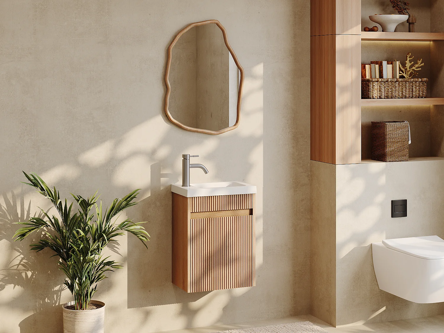 Meuble lave main suspendu strié en bois de frêne avec vasque en résine blanc mat - Naturel clair - 40 x 25.5 x 54 cm - DROVI