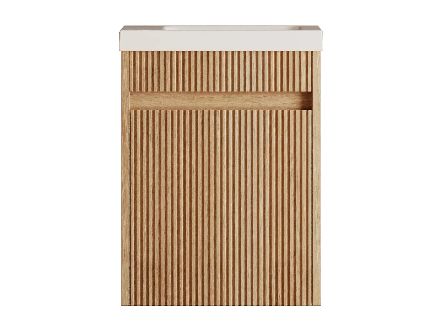 Meuble lave main suspendu strié en bois de frêne avec vasque en résine blanc mat - Naturel clair - 40 x 25.5 x 54 cm - DROVI