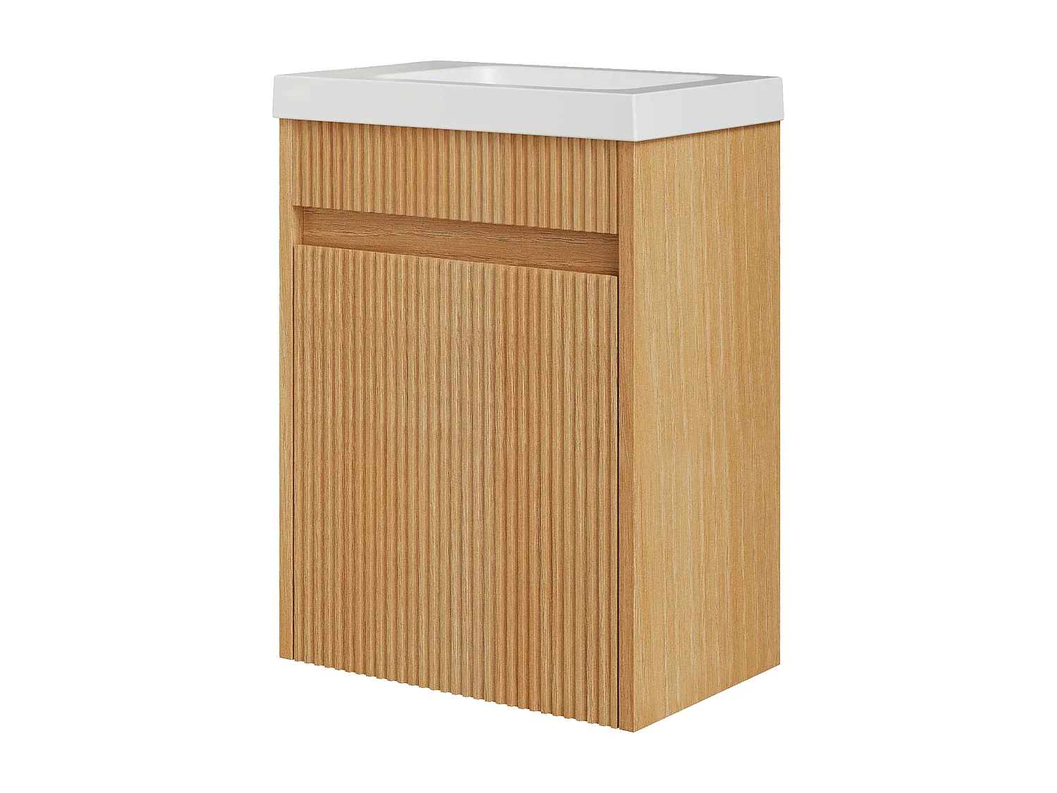 Meuble lave main suspendu strié en bois de frêne avec vasque en résine blanc mat - Naturel clair - 40 x 25.5 x 54 cm - DROVI